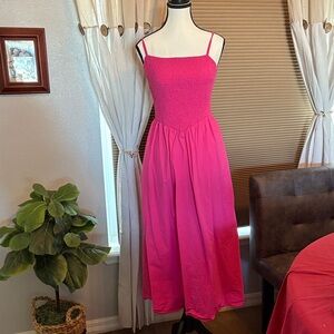Pink Smocked Midi Dress with pockets